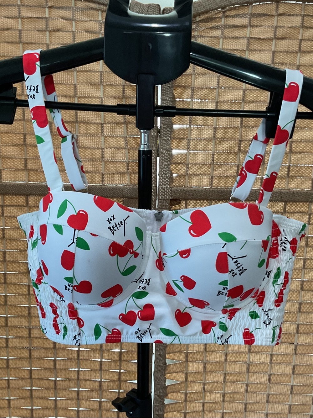 Betsey Johnson White Cherry Print Bustier Bikini Top - Red, Green